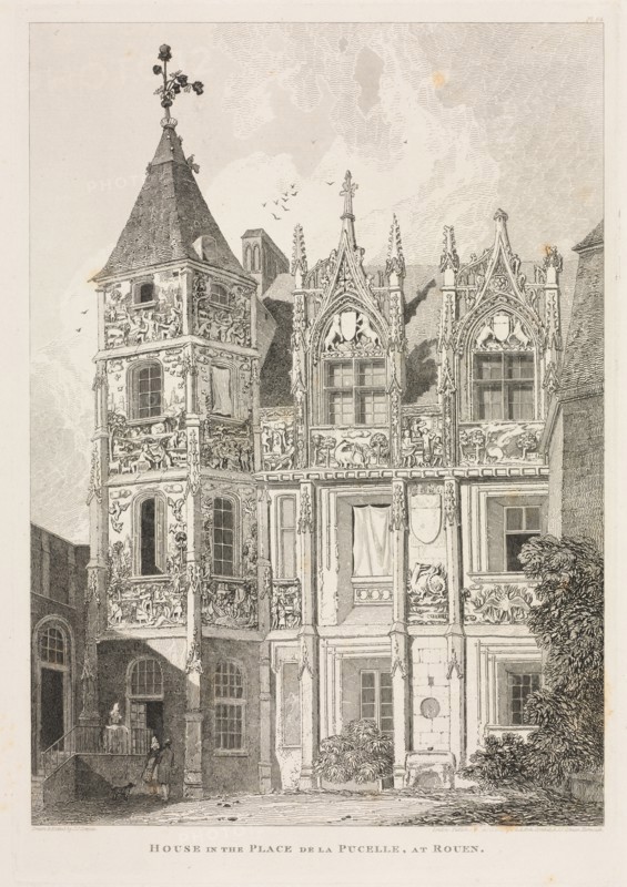 Architectural Antiquities of Normandy (Vol. II), Pl. 64:  House in the Place de la Pucelle, at Rouen, 1821, published 1822. John Sell Cotman (British, 1782-1842), J & A Arch, Cornhill & J.S. Cotman. Softground etching; sheet: 47.2 x 33.5 cm (18 9/16 x 13 3/16 in.); platemark: 36.8 x 25.3 cm (14 1/2 x 9 15/16 in.)