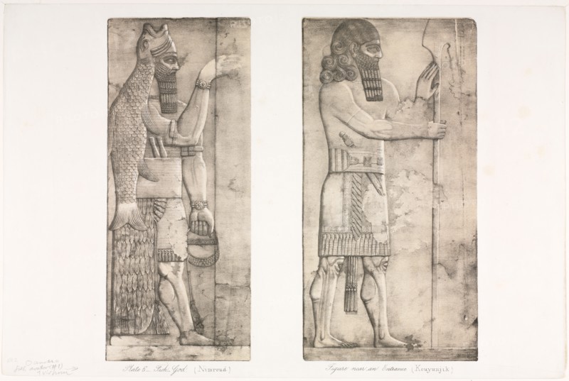 Monuments of Ninevah: Plate 6, Fish-god (Nimroud); Figure near an Entrance (Kouyunjik), 1853. Austen Henry Layard (British, 1817-1894). Lithograph in black and beige; sheet: 37.9 x 57 cm (14 15/16 x 22 7/16 in.); right image: 34.9 x 17.8 cm (13 3/4 x 7 in.); left image: 34.9 x 14.6 cm (13 3/4 x 5 3/4 in.)