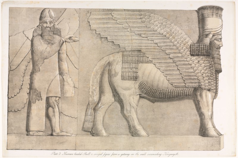 Monuments of Ninevah: Plate 3, Human-headed Bull and Winged Figure from a Gateway in the Wall Surrounding Kouyunjik (Quyunjik), 1853. Austen Henry Layard (British, 1817-1894). Lithograph in black and beige; sheet: 37.7 x 56.7 cm (14 13/16 x 22 5/16 in.); image: 34.3 x 52.5 cm (13 1/2 x 20 11/16 in.)