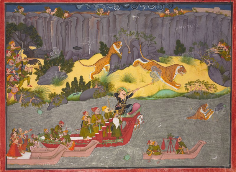 Tiger Hunt of Raja Ram Singh II, c. 1830-1840. Northern India, Rajasthan, Kotah, 19th century. Opaque watercolor, silver and gold on paper; framed: 92.7 x 76.8 cm (36 1/2 x 30 1/4 in.); unframed: 64.8 x 48.9 cm (25 1/2 x 19 1/4 in.).