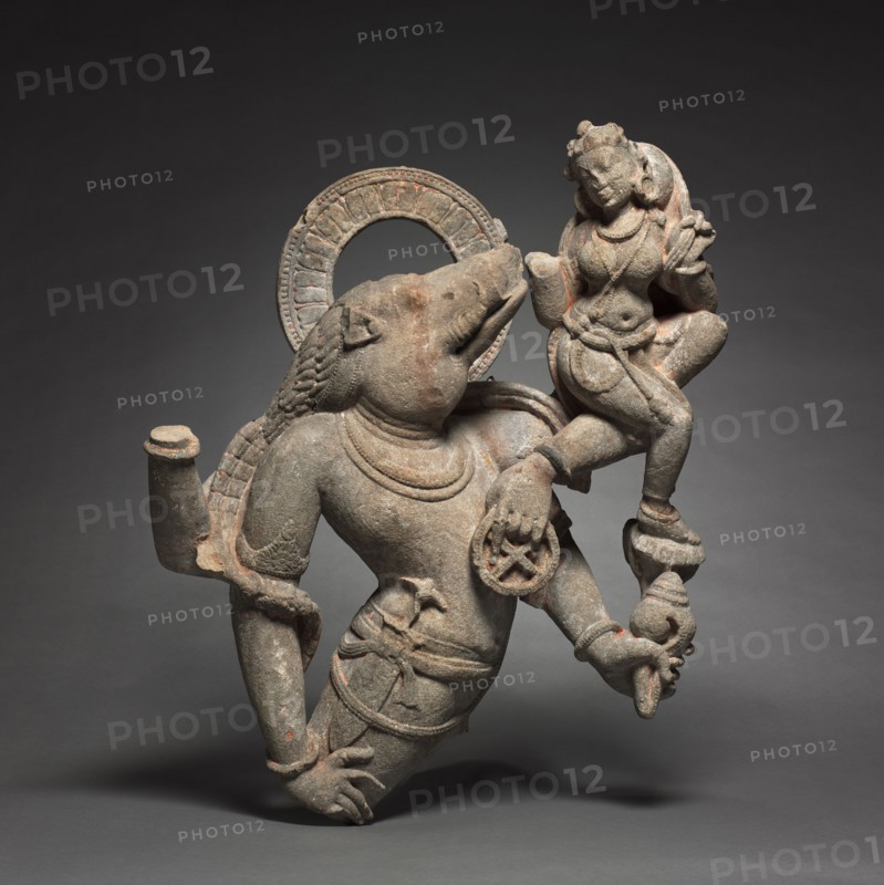 Vahara, Boar Incarnation of Vishnu, 700-800s. Central India, Medieval Period, 8th-9th century. Sandstone; overall: 82 x 68.5 x 33.5 cm (32 5/16 x 26 15/16 x 13 3/16 in.).
