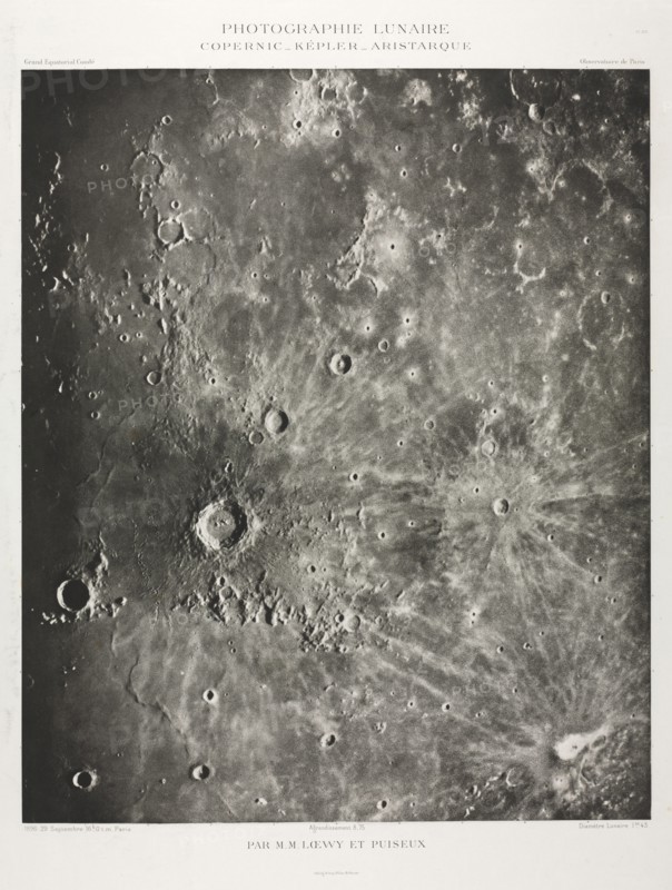 Photographie Lunaire: Copernic-Képler-Aristarique, 1896. Maurice Loewy (French, 1833-1907), Pierre Henri Puiseaux (French, 1855-1928). Photogravure (heliogravure); sheet: 57 x 47.7 cm (22 7/16 x 18 3/4 in.); framed: 88.6 x 77.3 x 2.6 cm (34 7/8 x 30 7/16 x 1 in.); matted: 86.4 x 76.2 cm (34 x 30 in.).