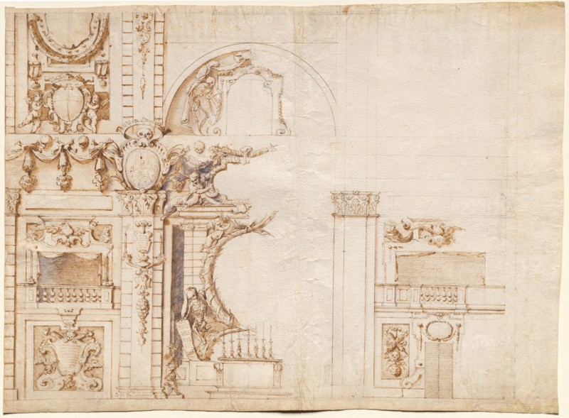 Study for the 'Essequie' Conducted in San Lorenzo, Florence, in 1637 in Honour of Holy Roman Emperor Ferdinand II, 1637. Alfonso Parigi (Italian, 1606-1656). Pen and brown ink and brown wash with graphite and accents of pink, purple-grey and deep blue-black wash; sheet: 48.5 x 65.8 cm (19 1/8 x 25 7/8 in.).