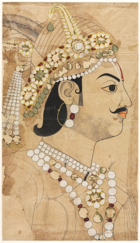 Portrait of Maharaja Pratap Singh (1764–1803), c. 1793. Attributed to Sahib Ram (Indian, active 1745–1803). Colored ink drawing; overall: 61.4 x 40.5 cm (24 3/16 x 15 15/16 in.).