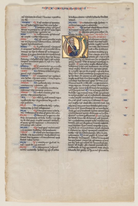 Leaf with Initial from a Latin Bible: Initial M: St. Paul with a Sword and a Book, c. 1220. Vienna Moralized Bible Workshop (French). Ink, tempera and burnished gold on vellum; leaf: 21.9 x 14.3 cm (8 5/8 x 5 5/8 in.)