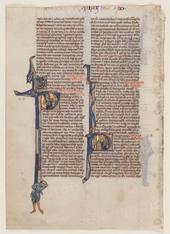 Leaf from a Latin Bible: Initial P: St. Paul with a Sword and a Book, c. 1230-40. Circle or workshop of William de Brailes (English, active c. 1230). Ink, tempera, and gold on vellum; leaf: 18.5 x 13.2 cm (7 5/16 x 5 3/16 in.)