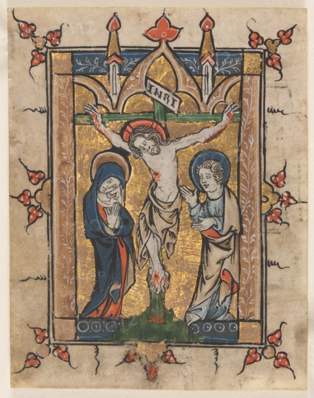 Leaf from a Psalter: The Crucifixion, c. 1300-1330. Flanders, Liège, 14th century. Ink, tempera and gold on vellum; leaf: 9.4 x 7.3 cm (3 11/16 x 2 7/8 in.).