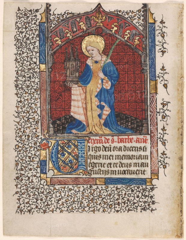 Leaf from a Book of Hours: St. Barbara (6 of 6 Excised Leaves), c. 1420-1430. Or workshop Henri d'Orquevaulx (French). Ink, tempera, silver, and gold on vellum; leaf: 16.1 x 12.4 cm (6 5/16 x 4 7/8 in.)
