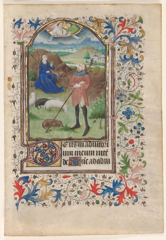 Leaf from a Book of Hours: Annunciation to the Shepherds, c. 1460. France, Troyes?, 15th century. Ink, tempera and gold on vellum; leaf: 20.1 x 13.8 cm (7 15/16 x 5 7/16 in.)