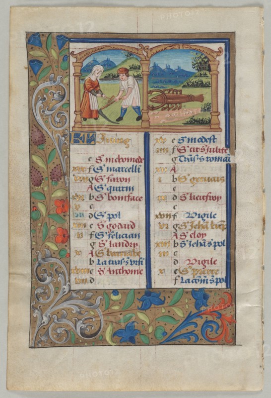 Leaf from a Book of Hours: Calendar Page for June (verso), c. 1510. France, Rouen, 16th century. Ink, tempera and liquid gold on vellum; leaf: 19.5 x 13 cm (7 11/16 x 5 1/8 in.).