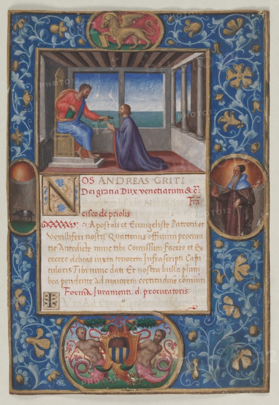 Leaf from a Commission: St. Mark Giving the Keys of Venice to Francesco de Priuli, c. 1523-1524. Benedetto Bordone (Italian). Ink, tempera and gold on vellum; leaf: 23.1 x 15.7 cm (9 1/8 x 6 3/16 in.)