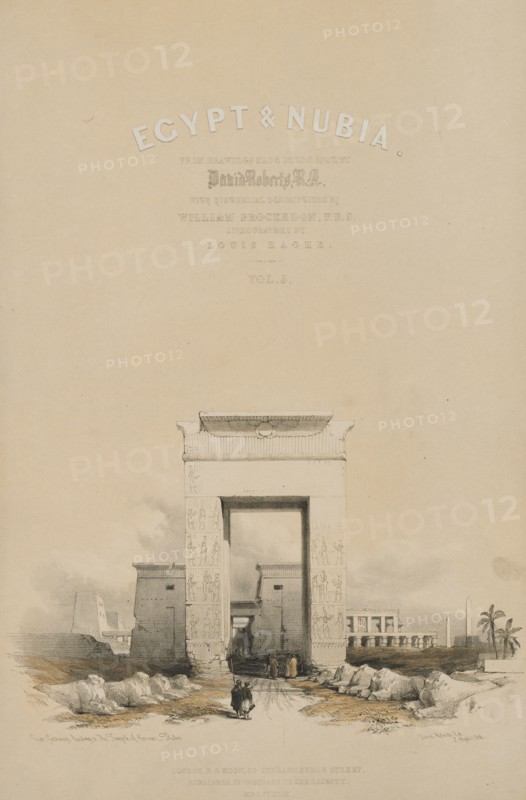 Egypt and Nubia: Frontispiece Volume V, 1849. Louis Haghe (British, 1806-1885), F.G.Moon, 20 Threadneedle Street, London, after David Roberts (British, 1796-1864). Color lithograph; sheet: 60.2 x 43.7 cm (23 11/16 x 17 3/16 in.); image: 47.5 x 31.6 cm (18 11/16 x 12 7/16 in.)