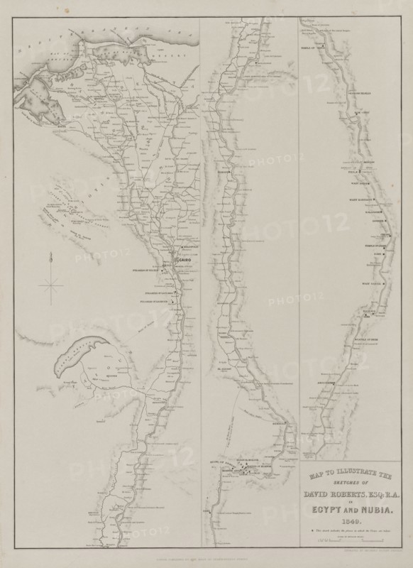 Egypt and Nubia, Volume III: Map to Illustrate the Sketches of David Roberts, Esq: R.A. in Egypt and Nubia 1849, 1849. Louis Haghe (British, 1806-1885), F.G.Moon, 20 Threadneedle Street, London, after David Roberts (British, 1796-1864). Engraving; sheet: 60.4 x 43.9 cm (23 3/4 x 17 5/16 in.); image: 54.6 x 39.9 cm (21 1/2 x 15 11/16 in.)