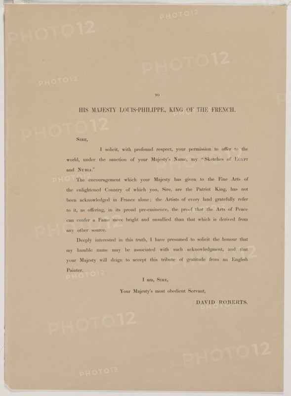 Egypt and Nubia, Volume I: Dedication Page, 1846. Louis Haghe (British, 1806-1885), F.G.Moon, 20 Threadneedle Street, London, after David Roberts (British, 1796-1864). Letterpress; sheet: 57 x 41.1 cm (22 7/16 x 16 3/16 in.).