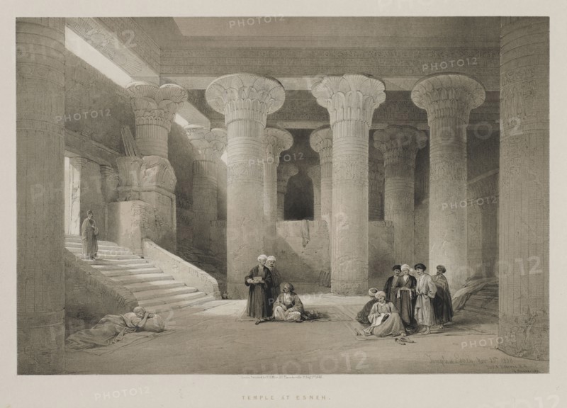 Egypt and Nubia, Volume I: Temple at Esneh, 1846. Louis Haghe (British, 1806-1885), F.G.Moon, 20 Threadneedle Street, London, after David Roberts (British, 1796-1864). Color lithograph; sheet: 43.1 x 60.4 cm (16 15/16 x 23 3/4 in.); image: 32.2 x 48 cm (12 11/16 x 18 7/8 in.)