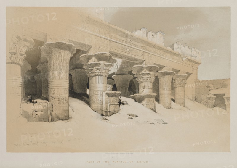 Egypt and Nubia Volume I: Portico of the Temple Edfou, Upper Egypt, 1846. Louis Haghe (British, 1806-1885), F.G.Moon, 20 Threadneedle Street, London, after David Roberts (British, 1796-1864). Color lithograph; sheet: 43.5 x 60.3 cm (17 1/8 x 23 3/4 in.); image: 33.3 x 51.1 cm (13 1/8 x 20 1/8 in.)