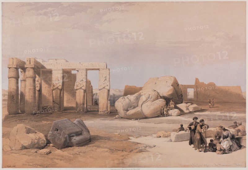 Egypt and Nubia, Volume II: Fragments of the Great Colossi at the Memnonium, Thebes, 1847. Louis Haghe (British, 1806-1885), F.G.Moon, 20 Threadneedle Street, London, after David Roberts (British, 1796-1864). Color lithograph; sheet: 43.4 x 60.4 cm (17 1/16 x 23 3/4 in.); image: 34.8 x 51 cm (13 11/16 x 20 1/16 in.)