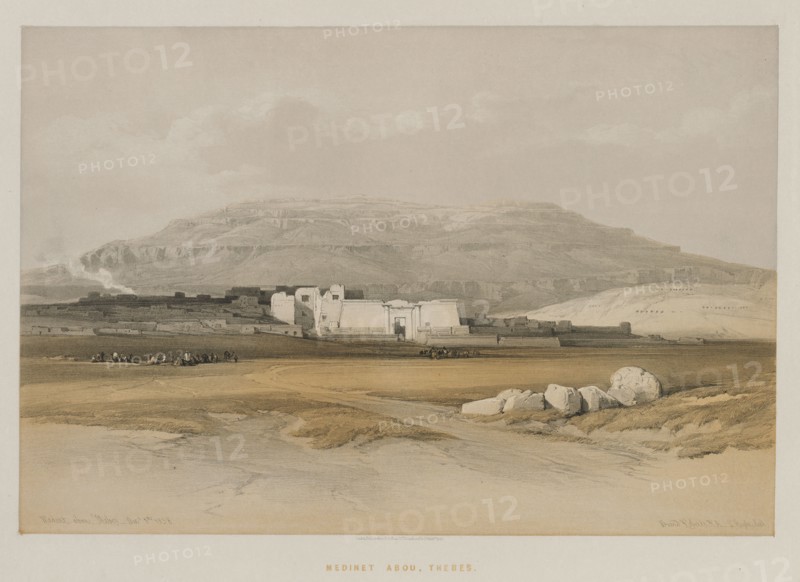 Egypt and Nubia, Volume II: Medinet abou, Thebes, 1847. Louis Haghe (British, 1806-1885), F.G.Moon, 20 Threadneedle Street, London, after David Roberts (British, 1796-1864). Color lithograph; sheet: 43.5 x 60.3 cm (17 1/8 x 23 3/4 in.); image: 32.8 x 49 cm (12 15/16 x 19 5/16 in.).