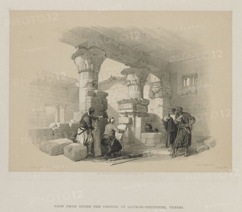Egypt and Nubia, Volume II: Dayr-El-Medeeneh, Thebes, 1848. Louis Haghe (British, 1806-1885), F.G.Moon, 20 Threadneedle Street, London, after David Roberts (British, 1796-1864). Color lithograph; sheet: 36.5 x 43.6 cm (14 3/8 x 17 3/16 in.); image: 25.4 x 35.2 cm (10 x 13 7/8 in.)