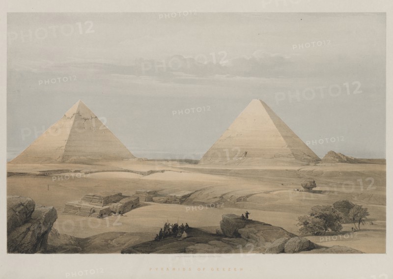 Egypt and Nubia, Volume II: Pyramids of Geezeh, 1848. Louis Haghe (British, 1806-1885), F.G.Moon, 20 Threadneedle Street, London, after David Roberts (British, 1796-1864). Color lithograph; sheet: 43.8 x 60.2 cm (17 1/4 x 23 11/16 in.); image: 34 x 53.5 cm (13 3/8 x 21 1/16 in.)