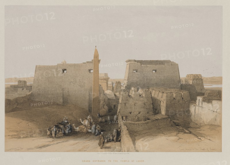 Egypt and Nubia, Volume II: Grand Entrance to the Temple of Luxor, 1848. Louis Haghe (British, 1806-1885), F.G.Moon, 20 Threadneedle Street, London, after David Roberts (British, 1796-1864). Color lithograph; sheet: 43.1 x 60.3 cm (16 15/16 x 23 3/4 in.); image: 32.8 x 48.7 cm (12 15/16 x 19 3/16 in.)