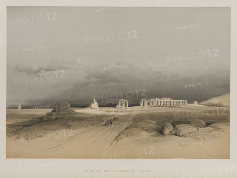 Egypt and Nubia, Volume II: Ruins of Memnonium, Thebes, 1847. Louis Haghe (British, 1806-1885), F.G.Moon, 20 Threadneedle Street, London, after David Roberts (British, 1796-1864). Color lithograph; sheet: 43.7 x 60.3 cm (17 3/16 x 23 3/4 in.); image: 33.3 x 49 cm (13 1/8 x 19 5/16 in.)