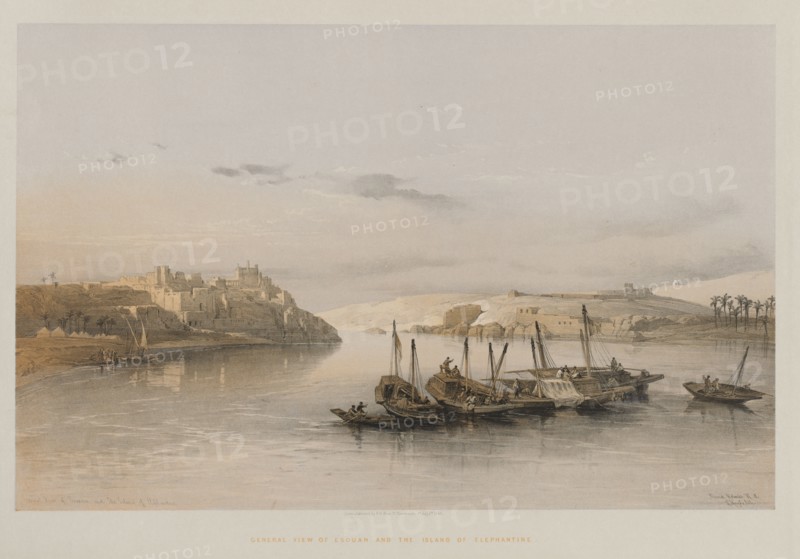 Egypt and Nubia, Volume II: General View of Esouan and the Island of Elephantine, 1848. Louis Haghe (British, 1806-1885), F.G.Moon, 20 Threadneedle Street, London, after David Roberts (British, 1796-1864). Color lithograph; sheet: 43.7 x 60.2 cm (17 3/16 x 23 11/16 in.); image: 34.2 x 53.4 cm (13 7/16 x 21 in.)