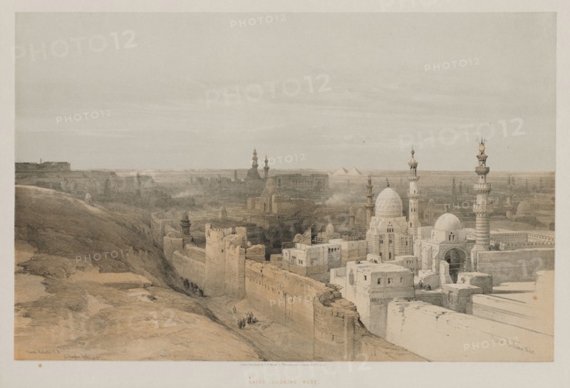 Egypt and Nubia, Volume III: Cairo, Looking West, 1848. Louis Haghe (British, 1806-1885), F.G.Moon, 20 Threadneedle Street, London, after David Roberts (British, 1796-1864). Color lithograph; sheet: 43 x 60.2 cm (16 15/16 x 23 11/16 in.); image: 34 x 52.8 cm (13 3/8 x 20 13/16 in.).