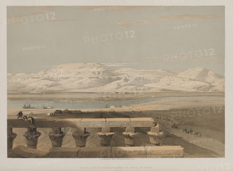 Egypt and Nubia, Volume I: Libyan Chain of Mountains, from the Temple of Luxor, 1847. Louis Haghe (British, 1806-1885), F.G.Moon, 20 Threadneedle Street, London, after David Roberts (British, 1796-1864). Color lithograph; sheet: 43 x 60.4 cm (16 15/16 x 23 3/4 in.); image: 34.7 x 50 cm (13 11/16 x 19 11/16 in.)