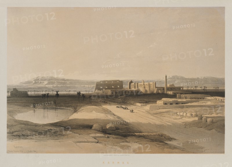 Egypt and Nubia, Volume II: Karnak, 1847. Louis Haghe (British, 1806-1885), F.G.Moon, 20 Threadneedle Street, London, after David Roberts (British, 1796-1864). Color lithograph; sheet: 60.3 x 43.6 cm (23 3/4 x 17 3/16 in.); image: 48.8 x 32.7 cm (19 3/16 x 12 7/8 in.)