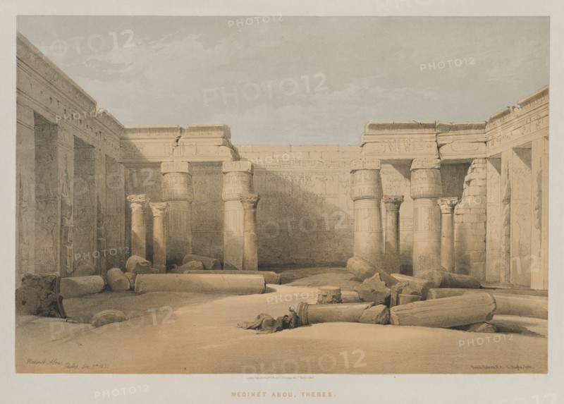 Egypt and Nubia, Volume II: Medinet Abou, Thebes, 1847. Louis Haghe (British, 1806-1885), F.G.Moon, 20 Threadneedle Street, London, after David Roberts (British, 1796-1864). Color lithograph; sheet: 43.8 x 60.2 cm (17 1/4 x 23 11/16 in.); image: 32.9 x 49.1 cm (12 15/16 x 19 5/16 in.)