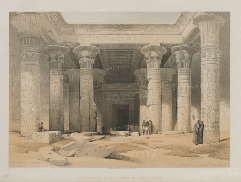 Egypt and Nubia, Volume I: Grand Portico of the Temple of Philae, Nubia, 1847. Louis Haghe (British, 1806-1885), F.G.Moon, 20 Threadneedle Street, London, after David Roberts (British, 1796-1864). Color lithograph; sheet: 43.2 x 60.4 cm (17 x 23 3/4 in.); image: 34.7 x 49.3 cm (13 11/16 x 19 7/16 in.)