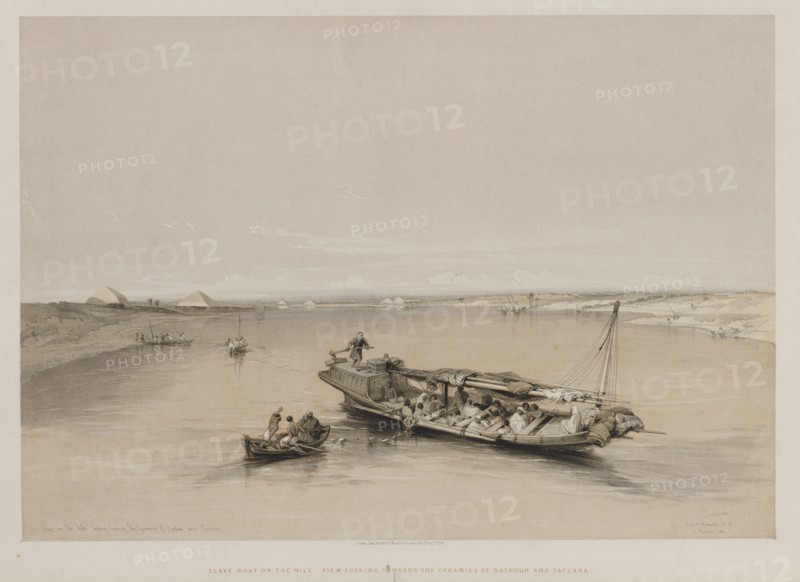 Egypt and Nubia, Volume I: View on the Nile Looking Towards the Pyramids of Dashour and Saccara, 1846. Louis Haghe (British, 1806-1885), F.G.Moon, 20 Threadneedle Street, London, after David Roberts (British, 1796-1864). Color lithograph; sheet: 43.6 x 60.2 cm (17 3/16 x 23 11/16 in.); image: 35.5 x 51 cm (14 x 20 1/16 in.)