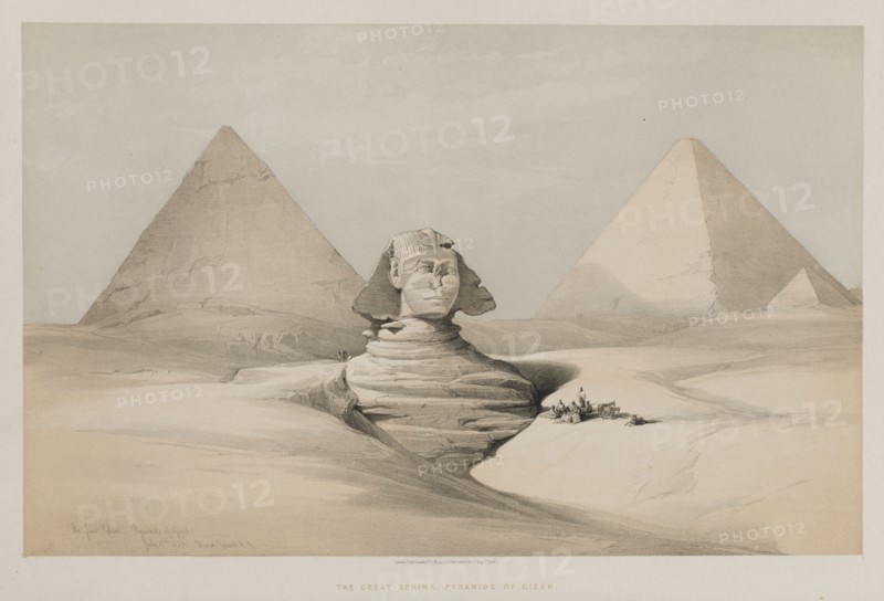 Egypt and Nubia, Volume I: The Great Sphinx, Pyramids of Gezeeh, 1846. Louis Haghe (British, 1806-1885), F.G.Moon, 20 Threadneedle Street, London, after David Roberts (British, 1796-1864). Color lithograph; sheet: 42.9 x 60.2 cm (16 7/8 x 23 11/16 in.); image: 33.8 x 53.2 cm (13 5/16 x 20 15/16 in.)
