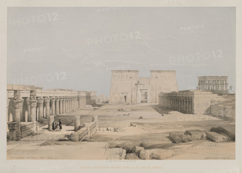 Egypt and Nubia, Volume I: Grand Approach to the Temple of Philae, Nubia, 1847. Louis Haghe (British, 1806-1885), F.G.Moon, 20 Threadneedle Street, London, after David Roberts (British, 1796-1864). Color lithograph; sheet: 43.2 x 60.3 cm (17 x 23 3/4 in.); image: 34.5 x 51.5 cm (13 9/16 x 20 1/4 in.)