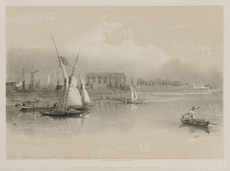 Egypt and Nubia, Volume I: General View of the Ruins of Luxor, From the Nile, 1846. Louis Haghe (British, 1806-1885), F.G.Moon, 20 Threadneedle Street, London, after David Roberts (British, 1796-1864). Color lithograph; sheet: 42.9 x 60.4 cm (16 7/8 x 23 3/4 in.); image: 35.3 x 50.2 cm (13 7/8 x 19 3/4 in.)