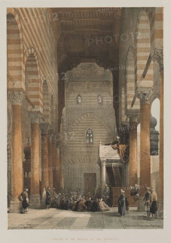 Egypt and Nubia, Volume III: Interior of the Mosque of the Metwalys, 1849. Louis Haghe (British, 1806-1885), F.G.Moon, 20 Threadneedle Street, London, after David Roberts (British, 1796-1864). Color lithograph; sheet: 60.3 x 43.5 cm (23 3/4 x 17 1/8 in.); image: 49.8 x 35.1 cm (19 5/8 x 13 13/16 in.)