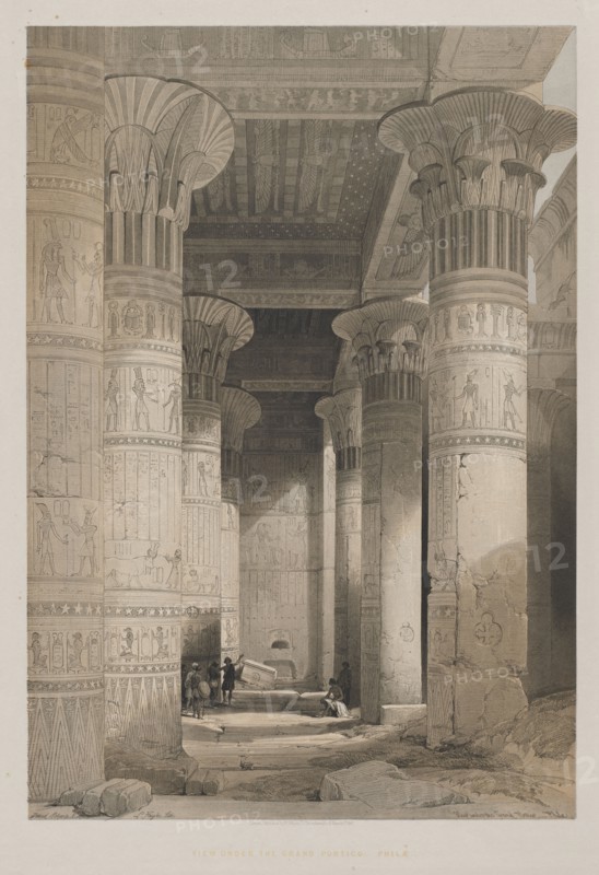 Egypt and Nubia, Volume I: View Under the Grand Portico of the Temple, Philae, 1846. Louis Haghe (British, 1806-1885), F.G.Moon, 20 Threadneedle Street, London, after David Roberts (British, 1796-1864). Color lithograph; sheet: 60.3 x 43.7 cm (23 3/4 x 17 3/16 in.); image: 50.2 x 34.8 cm (19 3/4 x 13 11/16 in.)