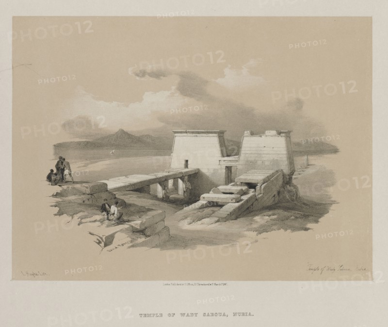 Egypt and Nubia, Volume I: Temple of Wady Saboua, Nubia, 1846. Louis Haghe (British, 1806-1885), after David Roberts (British, 1796-1864). Color lithograph; sheet: 38 x 43.3 cm (14 15/16 x 17 1/16 in.); image: 25.8 x 35.3 cm (10 3/16 x 13 7/8 in.).