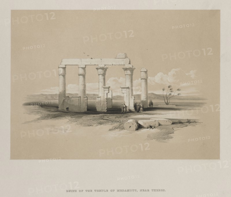 Egypt and Nubia, Volume II: Ruins of the Temple of Madamoud, at Thebes, 1847. Louis Haghe (British, 1806-1885), F.G.Moon, 20 Threadneedle Street, London, after David Roberts (British, 1796-1864). Color lithograph; sheet: 37.8 x 43.6 cm (14 7/8 x 17 3/16 in.); image: 25 x 35 cm (9 13/16 x 13 3/4 in.).