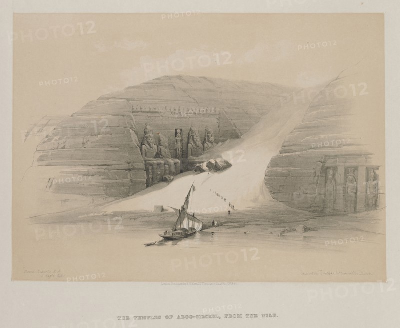 Egypt and Nubia, Volume II: Excavated Temples of Abo Simble, Nubia, 1848. Louis Haghe (British, 1806-1885), F.G.Moon, 20 Threadneedle Street, London, after David Roberts (British, 1796-1864). Color lithograph; sheet: 36.2 x 43.4 cm (14 1/4 x 17 1/16 in.); image: 25.2 x 35.3 cm (9 15/16 x 13 7/8 in.)