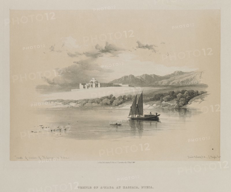 Egypt and Nubia, Volume II: Temple of Amdda, of Hassaya in Nubia, 1847. Louis Haghe (British, 1806-1885), F.G.Moon, 20 Threadneedle Street, London, after David Roberts (British, 1796-1864). Color lithograph; sheet: 36.5 x 43.7 cm (14 3/8 x 17 3/16 in.); image: 25.2 x 35.1 cm (9 15/16 x 13 13/16 in.)
