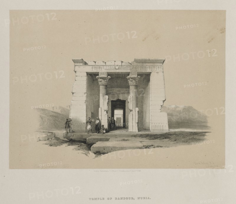 Egypt and Nubia, Volume II: Temple of Dandour, Nubia, 1848. Louis Haghe (British, 1806-1885), F.G.Moon, 20 Threadneedle Street, London, after David Roberts (British, 1796-1864). Color lithograph; sheet: 37.4 x 43.7 cm (14 3/4 x 17 3/16 in.); image: 26 x 35.3 cm (10 1/4 x 13 7/8 in.)