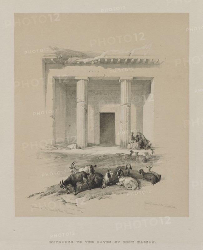 Egypt and Nubia, Volume I: Entrance to the Caves of Beni-Hasan, 1847. Louis Haghe (British, 1806-1885), F.G.Moon, 20 Threadneedle Street, London, after David Roberts (British, 1796-1864). Color lithograph; sheet: 38.8 x 40.7 cm (15 1/4 x 16 in.); image: 29.3 x 25 cm (11 9/16 x 9 13/16 in.).