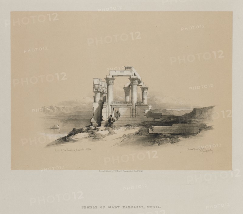 Egypt and Nubia, Volume II: Ruins of the Temple of Kardeseh, Nubia, 1848. Louis Haghe (British, 1806-1885), F.G.Moon, 20 Threadneedle Street, London, after David Roberts (British, 1796-1864). Color lithograph; sheet: 39.3 x 43.8 cm (15 1/2 x 17 1/4 in.); image: 25.2 x 35.2 cm (9 15/16 x 13 7/8 in.).
