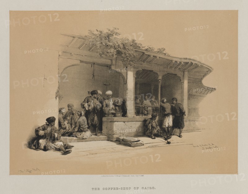 Egypt and Nubia, Volume III: The Coffee Shop, 1849. Louis Haghe (British, 1806-1885), F.G.Moon, 20 Threadneedle Street, London, after David Roberts (British, 1796-1864). Color lithograph; sheet: 34.7 x 43.8 cm (13 11/16 x 17 1/4 in.); image: 25.3 x 35.2 cm (9 15/16 x 13 7/8 in.).