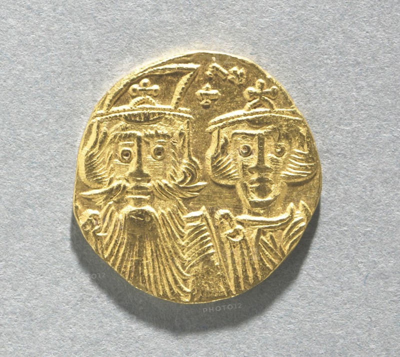 Solidus with Busts of Constans II and Constantine IV (obverse), 659-661. Byzantium, 7th century. Gold; diameter: 1.9 cm (3/4 in.)