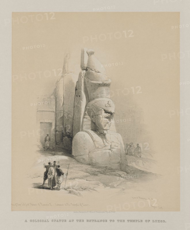 Egypt and Nubia, Volume I: One of Two Colossal Statues of Rameses II.  Entrance to the Temple of Luxor, 1847. Louis Haghe (British, 1806-1885), F.G.Moon, 20 Threadneedle Street, London, after David Roberts (British, 1796-1864). Color lithograph; sheet: 38.2 x 40.7 cm (15 1/16 x 16 in.); image: 29.8 x 25.3 cm (11 3/4 x 9 15/16 in.)