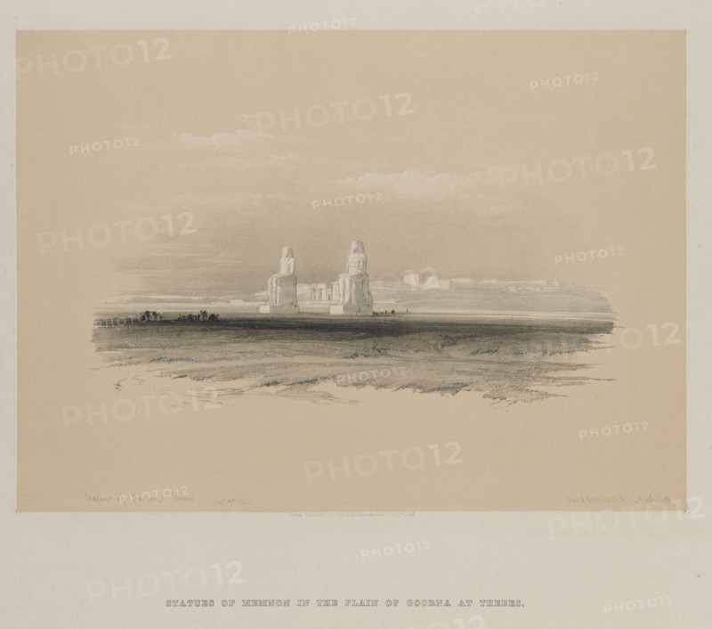 Egypt and Nubia, Volume I: Statues of Memnon, Thebes, 1846. Louis Haghe (British, 1806-1885), F.G.Moon, 20 Threadneedle Street, London, after David Roberts (British, 1796-1864). Color lithograph; sheet: 43.4 x 60.3 cm (17 1/16 x 23 3/4 in.); image: 32 x 48.6 cm (12 5/8 x 19 1/8 in.).