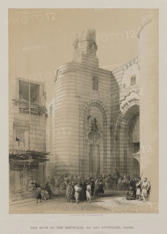 Egypt and Nubia, Volume III: Gate of the Metwaleys, Cairo, 1848. Louis Haghe (British, 1806-1885), F.G.Moon, 20 Threadneedle Street, London, after David Roberts (British, 1796-1864). Color lithograph; sheet: 47.1 x 43.1 cm (18 9/16 x 16 15/16 in.); image: 35.4 x 29.9 cm (13 15/16 x 11 3/4 in.).
